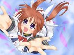  arms_spread bow brown_hair feathers from_above hair_ribbon hair_ribbons mahou_shoujo_lyrical_nanoha outstretched_arms ribbon ribbons spread_arms tadokoro_teppei takamachi_nanoha twintails 