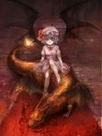  1girl barefoot blue_hair bow charizard crossover demon_wings dragon fire hat mathnote pokemon pokemon_(creature) red_eyes remilia_scarlet touhou wings 