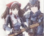  black_hair brown_eyes brown_hair garrison_cap gloves gun hair_ornament hat long_hair military military_uniform necktie official_art raita rifle salute senjou_no_valkyria senjou_no_valkyria_1 short_hair silver_eyes striped turtleneck twintails uniform weapon welkin_gunther 