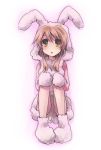  1girl animal_costume animal_ears asahina_mikuru ateru bad_id brown_eyes brown_hair bunny_costume bunny_hood cosplay no_nose open_mouth rabbit_ears simple_background sitting solo suzumiya_haruhi_no_yuuutsu white_background 