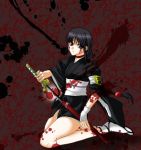  bleach blood braid choker japanese_clothes katana kneeling kurotsuchi_nemu long_hair purple_eyes single_braid sword violet_eyes weapon 