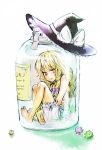  blonde_hair bloomers bottle braid candy feet hat in_bottle in_container jar kirisame_marisa konpeitou lingerie long_hair minigirl person_in_a_container sada_noriko soles sunata toes touhou underwear witch_hat yellow_eyes 