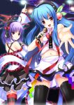  blue_hair food frills fruit headphones hinanawi_tenshi idol koi koi_(koisan) microphone multiple_girls nagae_iku navel peach purple_hair red_eyes shawl singing thigh-highs thighhighs touhou 