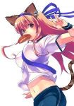  animal_ears blonde_hair bow brown_eyes cat_(trickster) cat_ears cat_tail cute hair_bow impossible_shirt midriff necktie pink_hair tail trickster 
