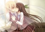  blonde_hair blush bow brown_hair closed_eyes copyright_request curtain eyes_closed female hand_holding holding_hands kiss kissing long_hair multiple_girls mutual_yuri original pleated_skirt red_eyes school_uniform short_hair skirt tonee_nguyen window yuri 