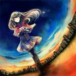  capelet cityscape closed_eyes fisheye kaedena_akino letter long_hair original pantyhose sky solo star star_(sky) starry_sky stars sunset 