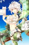  1girl baretto braid breasts cleavage_cutout cloud_print colored_eyelashes crop_top highres kantai_collection large_breasts long_hair looking_at_viewer midriff miniskirt open_mouth pleated_skirt silver_hair single_braid skirt sky solo standing_on_one_leg thigh-highs translated unryuu_(kantai_collection) wavy_hair yellow_eyes zettai_ryouiki 