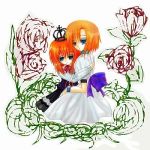  blue_eyes crossover crown dress flower higurashi_no_naku_koro_ni hug lowres multiple_girls orange_hair ribbon ribbons rose roses ryuuguu_rena short_hair umineko_no_naku_koro_ni ushiromiya_maria 