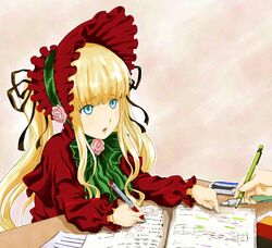  blonde_hair blue_eyes bonnet book bow brand_name_imitation doll_joints dress eraser homework long_hair mechanical_pencil onoguru pen pencil rozen_maiden shinku studying tombow_mono twintails 