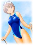  competition_swimsuit from_below goggles looking_down oka_takeshi one-piece_swimsuit orange_eyes original short_hair swimsuit wet 