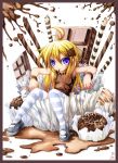  blonde_hair blue_eyes bracelet chocolate emperpep emperpep_(artist) food food_as_clothes food_themed_clothes in_food jewelry loli mary_janes minigirl pocky shoes sprinkles striped striped_legwear striped_thighhighs thigh-highs thighhighs traditional_media watercolor watercolor_(medium) 