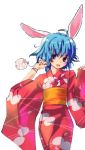   ahoge animal_ears blue_hair bracelet bunny_(trickster) rabbit_ears japanese_clothes trickster yukata  