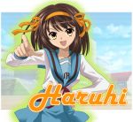  brown_hair hairband lapita pointing school_uniform short_hair suzumiya_haruhi suzumiya_haruhi_no_yuuutsu 