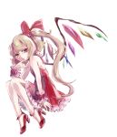  1girl alternate_costume blonde_hair dress finger_to_mouth flandre_scarlet hair_ribbon high_heels hiyosuke_(ak_love) long_hair no_hat no_headwear open_mouth red_dress red_eyes ribbon shoes side_ponytail simple_background solo touhou white_background wings wrist_cuffs 