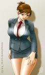  1girl breasts brown_eyes brown_hair business_suit curvy highres large_breasts legs miniskirt necktie short_hair signature skirt solo source_request standing tatsunami_youtoku teacher thick_thighs thighs wide_hips 