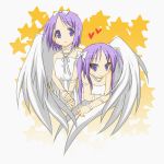  angel_wings blue_eyes dress hair_ribbon hair_ribbons hiiragi_kagami hiiragi_tsukasa long_hair lucky_star multiple_girls purple_hair ribbon ribbons short_hair siblings smile star strapless tareme tsurime twins twintails umiato white_dress wings 