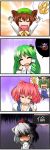  &gt;_&lt; 4koma [] breasts brown_hair chen cleavage closed_eyes comic earrings fox_tail green_hair guncannon gundam hat highres inubashiri_momiji jewelry kochiya_sanae long_hair mobile_suit_gundam multiple_tails onozuka_komachi pink_hair rod_of_remorse shikieiki_yamaxanadu short_hair silver_hair tail tokin_hat touhou translated translation_request yakumo_ran 