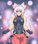  breasts cosplay fujiwara_no_mokou gloves houtengeki impossible_clothes impossible_shirt long_hair red_eyes rugal_bernstein rugal_bernstein_(cosplay) shirt silver_hair solo touhou 