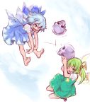  2girls barefoot blocking blue_eyes blue_hair bow cirno daiyousei dress fairy_wings flying gradient gradient_background green_eyes green_hair hair_bow hair_ribbon legs_folded looking_at_another mary_janes multiple_girls open_mouth ribbon shiro_(hakukosui) shoes short_sleeves side_ponytail simple_background skull throwing touhou wings 