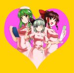  bad_id brown_hair clipboard green_hair hakurei_reimu hat kirisato_itsuki kochiya_sanae konpaku_youmu multiple_girls nurse nurse_cap silver_hair syringe touhou 