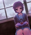  brown_eyes cardigan kasai_shin nagato_yuki purple_hair reading school_uniform short_hair sitting snow suzumiya_haruhi_no_yuuutsu window 