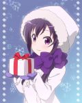  1girl bangs blue_background blush breasts closed_mouth coat commentary_request eyebrows_visible_through_hair gift gloves gochuumon_wa_usagi_desu_ka? holding holding_gift long_hair looking_at_viewer low_twintails purple_gloves purple_hair purple_neckwear red_star_(toranecomet) scarf sidelocks small_breasts smile snowflake_background snowflakes solo tedeza_rize twintails upper_body violet_eyes white_coat white_hood 