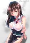  1girl black_hair blush breasts brown_hair chikuma_(kantai_collection) commentary_request kantai_collection large_breasts long_hair looking_at_viewer no_bra pelvic_curtain remodel_(kantai_collection) saboten_teishoku see-through torn_clothes wet wet_clothes 