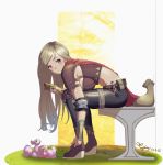  1girl absurdres artist_name ban_yang belt_pouch black_pants brown_hair cape dated elt frown highres hot_dog knee_pads looking_at_viewer pants pink_eyes potion pouch red_cape sack signature sitting solo squirrel vial 