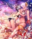  2girls ;d ankle_ribbon bare_shoulders bikini black_bikini breasts cleavage closed_eyes flower groin hair_between_eyes hair_flower hair_ornament hug irua long_hair medium_breasts multiple_girls navel one_eye_closed open_mouth orange_ribbon outdoors red_eyes red_flower ribbon shingeki_no_bahamut silver_hair sitting smile swimsuit thigh_ribbon very_long_hair white_bikini white_flower 