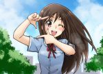  1girl ;d aki_ma_jiro blue_sky blush boku_dake_ga_inai_machi brown_eyes brown_hair katagiri_airi long_hair one_eye_closed open_mouth outdoors sky smile solo upper_body 