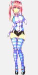  1girl blush breasts elbow_gloves full_body gloves large_breasts long_hair original pink_hair ronald_(takeronald) short_shorts shorts skin_tight smile solo striped striped_legwear thigh-highs twintails violet_eyes 