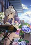  1girl blush brown_eyes closed_mouth collarbone eyebrows_visible_through_hair flower food grey_hair hair_bun highres hydrangea ice_cream kinchee looking_away original reading short_hair sitting sky solo 