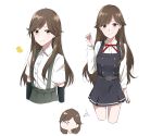  1girl alternate_costume arashio_(kantai_collection) arm_warmers belt bird brown_eyes brown_hair buttons chibi closed_eyes cosplay dress duck highres imagining kantai_collection kasumi_(kantai_collection) kasumi_(kantai_collection)_(cosplay) long_hair long_sleeves looking_at_viewer morinaga_(harumori) multiple_persona open_mouth pinafore_dress pleated_skirt remodel_(kantai_collection) school_uniform shirt short_sleeves simple_background skirt sleeveless sleeveless_dress smile suspenders white_background white_shirt 