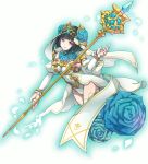  1girl bangs bare_shoulders black_hair blue_flowers blunt_bangs detached_sleeves flower hair_flower hair_ornament looking_at_viewer momoshiri_yuri sennen_sensou_aigis short_hair staff thigh-highs violet_eyes white_legwear 