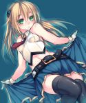  1girl :o ascot bangs belt belt_buckle black_belt blazblue blazblue:_chronophantasma blonde_hair blue_background blue_skirt blush buckle collared_shirt crop_top eyebrows eyebrows_visible_through_hair eyes_visible_through_hair gloves green_eyes hair_between_eyes hair_ornament highres himegi_you himeke_ha long_hair midriff navel noel_vermillion open_mouth pleated_skirt red_neckwear shirt skirt sleeveless sleeveless_shirt solo stomach white_gloves white_shirt 