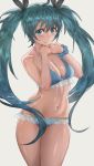  1girl aqua_eyes aqua_hair bangs bikini black_ribbon blue_bikini blush bracelet breasts cleavage closed_mouth grey_background hair_ribbon hands_on_own_chest hatsune_miku highres jewelry legs_together long_hair looking_at_viewer medium_breasts navel ribbon see-through shiny shiny_skin simple_background smile solo standing swimsuit twintails very_long_hair vocaloid yohan1754 
