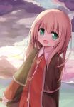  1girl :d bangs blush brown_cloak cloak clouds cloudy_sky collared_shirt commentary_request eyebrows_visible_through_hair green_eyes hair_between_eyes light_brown_hair long_hair long_sleeves looking_at_viewer morning open_mouth original outdoors red_pajamas red_shirt shirt sky smile solo sunlight upper_body yuuhagi_(amaretto-no-natsu) 