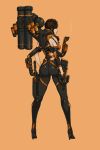  1girl ass black_footwear brown_eyes brown_hair cigarette cyborg extra_arms facing_away full_body goggles goggles_on_head gun high_heels highres mechanical_arms orange_background rocket_launcher smoking solo standing weapon wei_(kaminari0411) 