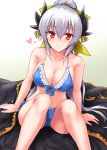  1girl bikini bow breasts cleavage fate/grand_order fate_(series) hair_bow highres horns kiyohime_(fate/grand_order) kiyohime_(swimsuit_lancer)_(fate) large_breasts long_hair looking_at_viewer marugoshi_(54burger) ponytail red_eyes silver_hair smile solo swimsuit yellow_eyes 