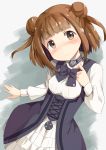  1girl bangs beatrice_(princess_principal) black_dress black_neckwear blunt_bangs blush bow bowtie breasts brown_eyes brown_hair closed_mouth collar_tug commentary_request double_bun dress eyebrows_visible_through_hair frilled_skirt frills head_tilt layered_skirt long_sleeves looking_at_viewer okosan_(pixiv) princess_principal school_uniform shirt short_hair skirt small_breasts solo white_shirt white_skirt 