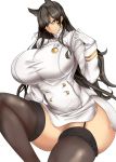  1girl animal_ears atago_(azur_lane) azur_lane black_hair breasts brown_eyes cat_ears curvy huge_breasts long_hair looking_at_viewer military smile solo thick_thighs thigh-highs thighs uniform wide_hips 