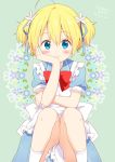  1girl ahoge alice_(wonderland) alice_(wonderland)_(cosplay) apron artist_name blonde_hair blue_dress blue_eyes blush chikanoko commentary_request cosplay dress hair_between_eyes hand_on_own_cheek looking_at_viewer original ragho_no_erika short_hair sitting smile solo uchino_chika white_legwear 