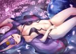  1girl :d blush cherry_blossoms commentary_request cup eyebrows_visible_through_hair fangs fate/grand_order fate_(series) japanese_clothes kimono looking_at_viewer lying mathiamo13 navel nose_blush on_back oni oni_horns open_clothes open_kimono open_mouth petals pink_eyes purple_hair revealing_clothes sakazuki short_eyebrows short_hair shuten_douji_(fate/grand_order) smile solo 