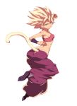  1girl ass bare_shoulders beltbra blonde_hair breasts caulifla clenched_hand closed_mouth dragon_ball dragon_ball_super from_behind full_body green_eyes highres jumping long_hair looking_at_viewer looking_back medium_breasts monkey_tail pants puffy_pants purple_pants simple_background smile solo spiky_hair super_saiyan tail tasaka_shinnosuke white_background wristband 