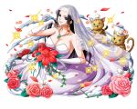  1girl bare_shoulders black_hair blue_eyes boa_hancock bodskih breasts bridal_veil cat cleavage collarbone dress earrings elbow_gloves flower gloves hand_in_hair hat holding holding_flower jewelry large_breasts long_hair looking_at_viewer necklace one_piece pink_flower red_flower shiny shiny_skin sleeveless sleeveless_dress smile solo strapless strapless_dress transparent_background veil very_long_hair white_dress white_gloves white_hat white_neckwear 
