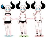  1girl bare_shoulders barefoot blonde_hair blue_eyes breasts broken_horn commentary_request high_heels horns large_breasts mato_tsuyoi original short_hair short_shorts shorts simple_background smile solo swimsuit thighs translation_request waving wavy_mouth white_background white_hair 