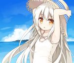  1girl :o armpits arms_up bangs bare_arms blue_sky blush brown_eyes brown_hat casual_one-piece_swimsuit clouds day eyebrows_visible_through_hair hair_between_eyes hand_on_headwear hat horizon long_hair looking_at_viewer ocean one-piece_swimsuit original outdoors parted_lips plaid sky solo straw_hat sun_hat swimsuit upper_body very_long_hair white_hair white_swimsuit yuuhagi_(amaretto-no-natsu) 