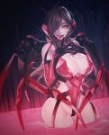  1girl black_gloves breasts brown_hair cyborg fang gloves gluteal_fold hair_over_one_eye hand_up highres indoors large_breasts looking_at_viewer nail_polish red_eyes red_nails solo standing tongue tongue_out vampire water wei_(kaminari0411) wet 