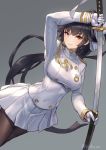  1girl aiguillette arm_up azur_lane bangs black_legwear blush breasts brown_eyes closed_mouth cuboon dutch_angle eyebrows_visible_through_hair gloves grey_background hair_flaps holding holding_sword holding_weapon large_breasts long_hair long_sleeves looking_at_viewer military military_uniform pantyhose pleated_skirt ponytail sheath simple_background skirt solo sword takao_(azur_lane) tsurime uniform unsheathing very_long_hair weapon white_gloves white_skirt 
