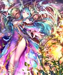  1girl blue_hair bracelet breasts cleavage dress floating_hair holding holding_staff irua jewelry long_hair looking_at_viewer medium_breasts outstretched_arm parted_lips pink_eyes purple_dress see-through shingeki_no_bahamut smile solo staff standing very_long_hair 